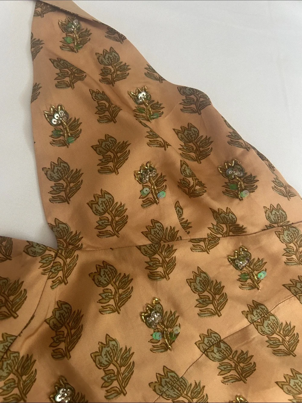 J. Crew Tan Floral Midi Dress with Green Print